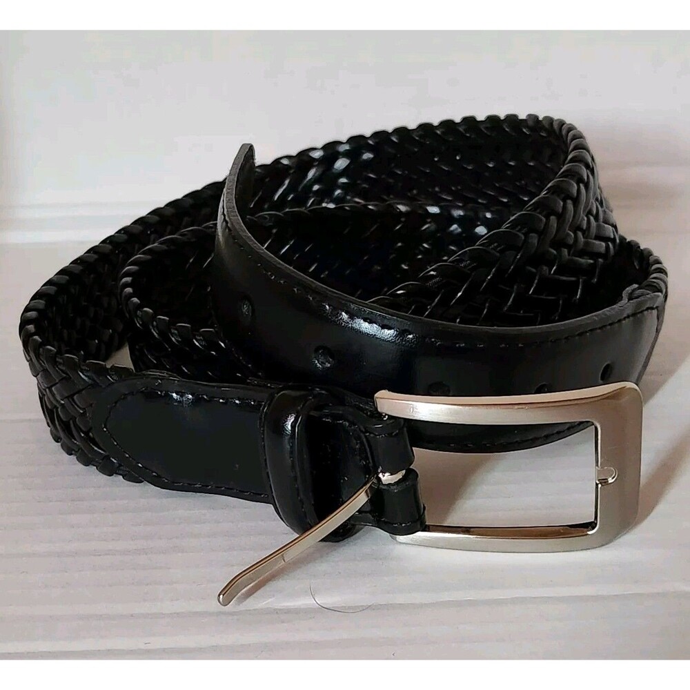 Genuine Leather Braided Belt Black Silver Buckle Size 40 - 42"